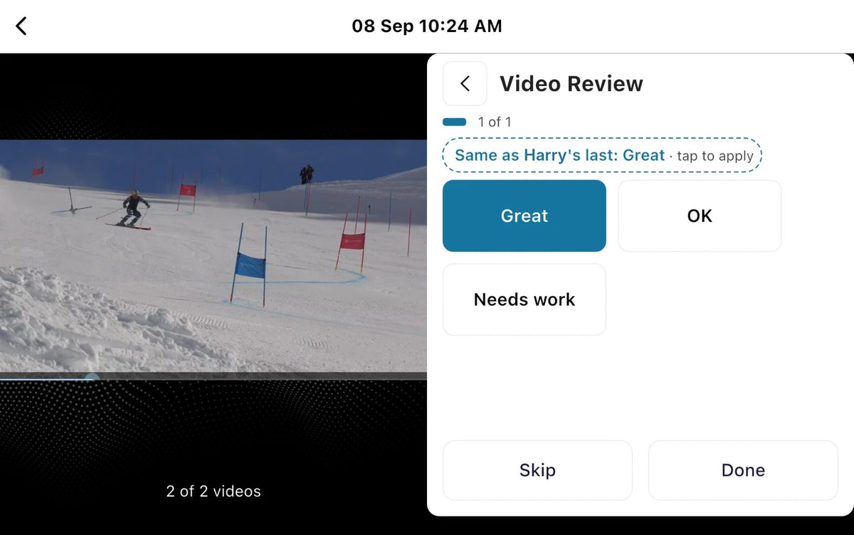 Protern Video on an iPad, with a giant slalom run playing on the left and video review buttons on the right