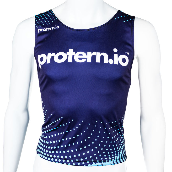 Navy alpine ski bib top with 'protern.io' branding on a mannequin