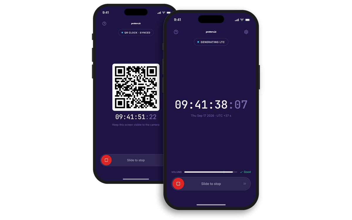 Protern Clock on two phones: QR Clock behind, generating LTC timecode in front