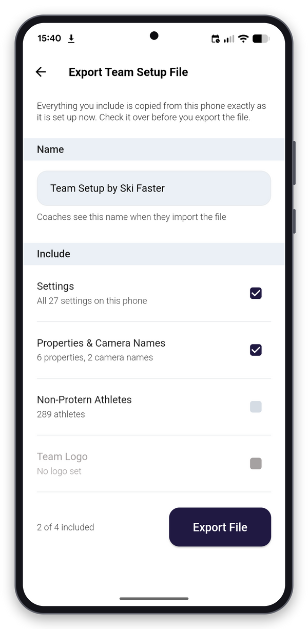 Protern Video on a phone exporting a Team Setup File, with settings and properties and camera names ticked and the athlete list left off