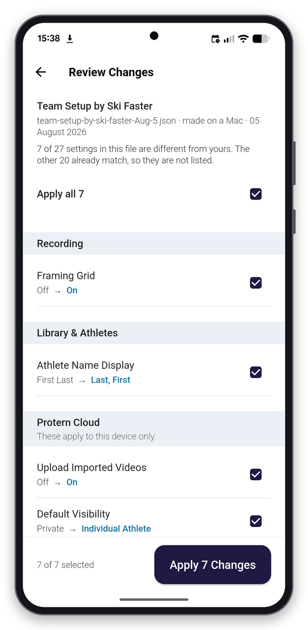 Protern Video on a phone reviewing a Team Setup File, showing 7 of 27 settings different, each with the current value and the file's value