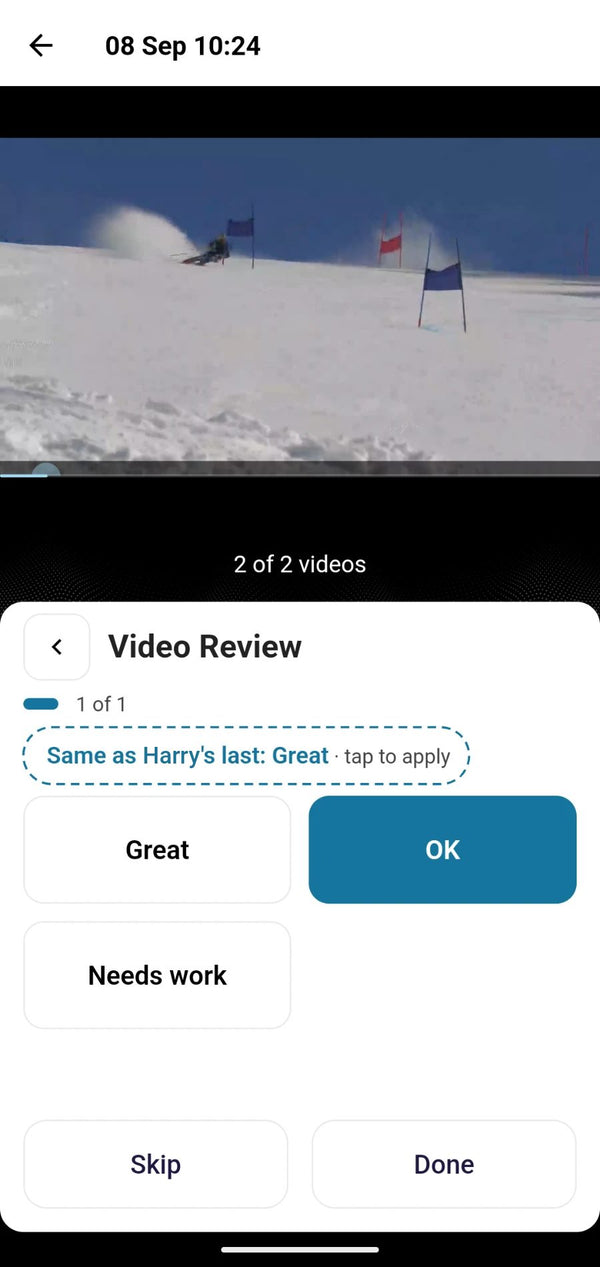 Protern Video on a phone asking for a video review rating, with Great, OK and Needs work buttons and the athlete's last answer offered